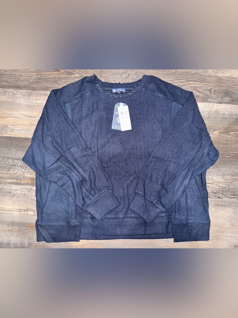 Democracy Navy Ribbed Crewneck Top with Beaded Trim, Women’s Size 1X